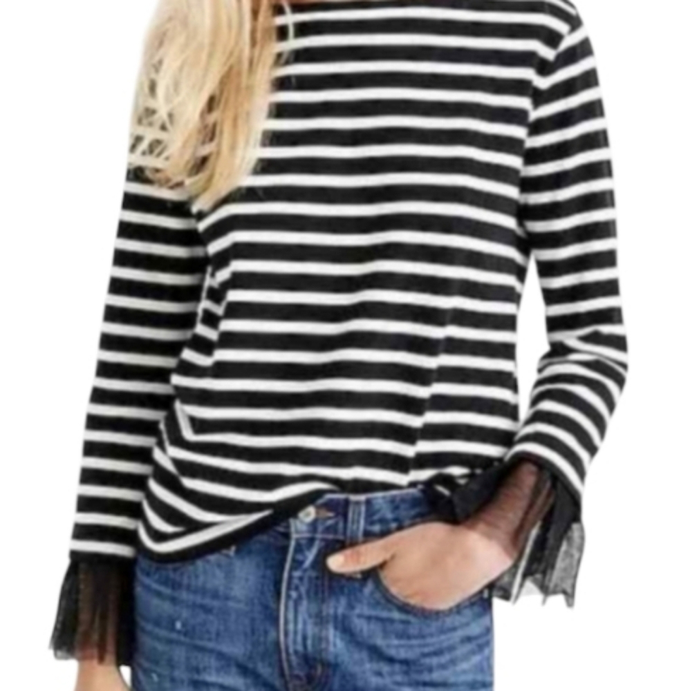 J.CREW Black & White Striped Tulle Cuff Pullover Top